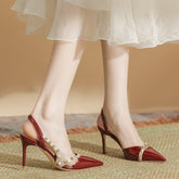 Tacones de aguja con remaches para mujer, color vino tinto, punta estrecha